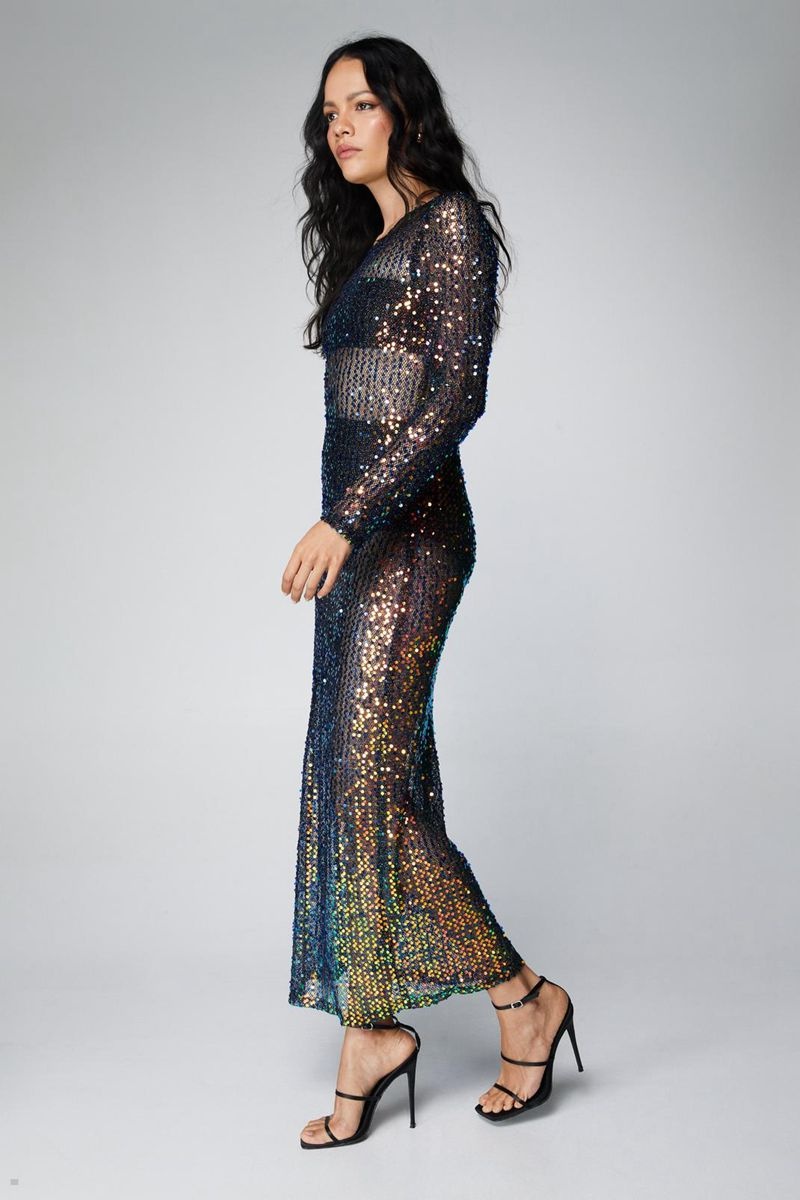 Šaty Nasty Gal Sequin Sheer Long Sleeve Maxi Černé | CZ 3024-LPTNI