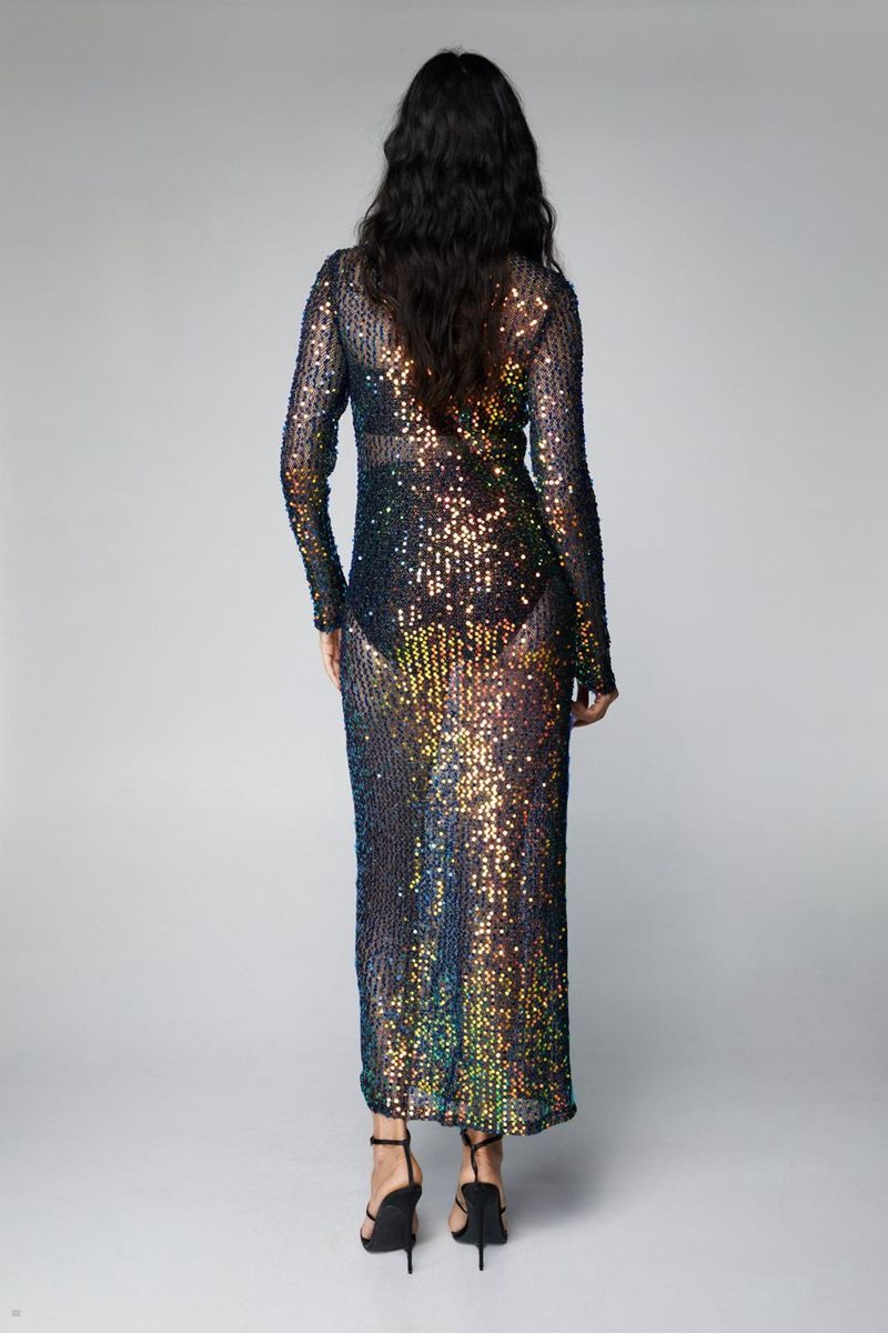 Šaty Nasty Gal Sequin Sheer Long Sleeve Maxi Černé | CZ 3024-LPTNI