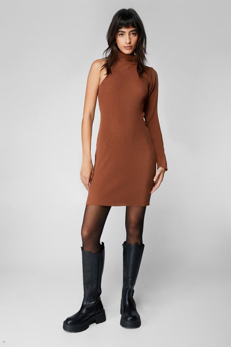 Šaty Nasty Gal Žebrovaný One Sleeve Knit Mini Hnědé | CZ 2436-PBINQ