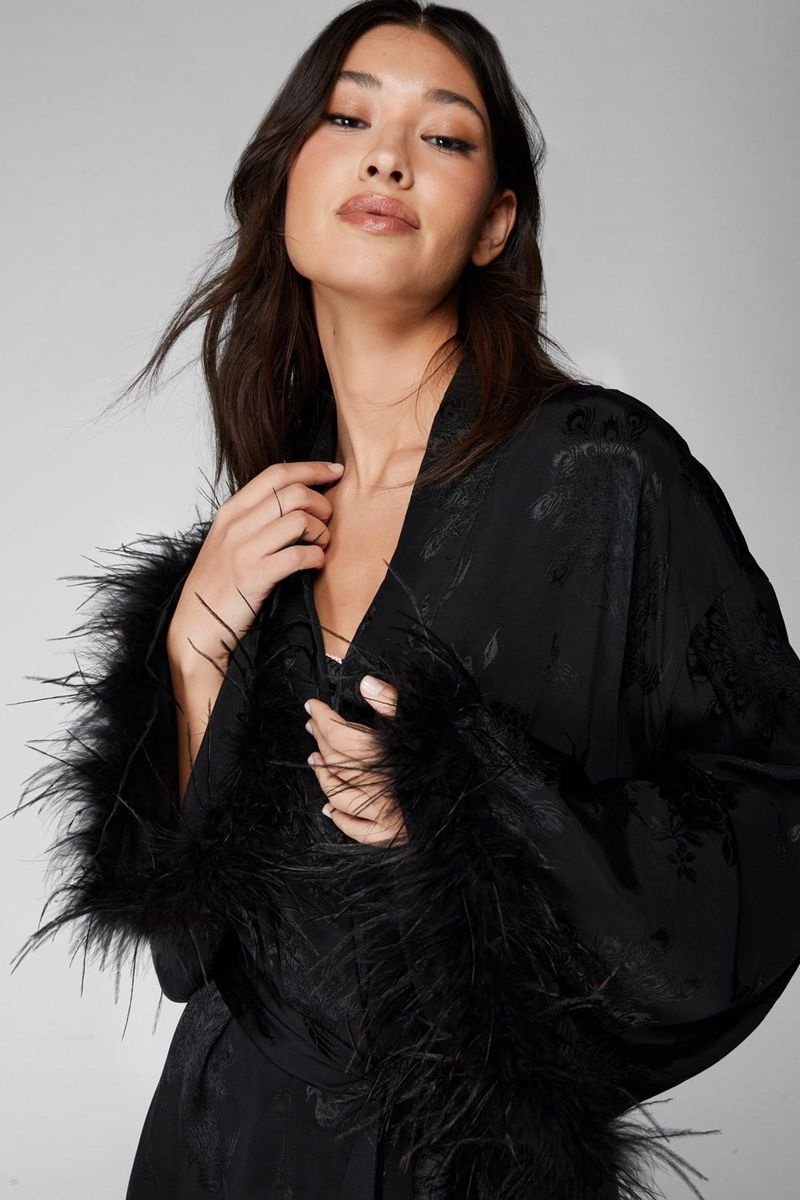 Župany Nasty Gal Premium Jacquard Feather Černé | CZ 5249-PDHBZ